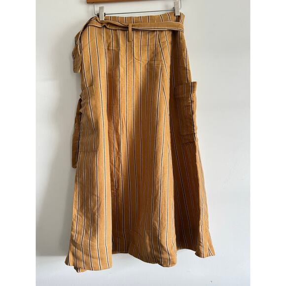 Zara Woman Mustard Brown Striped Midi Skirt Linen Blend Belted High Waist Size M - Picture 2 of 6